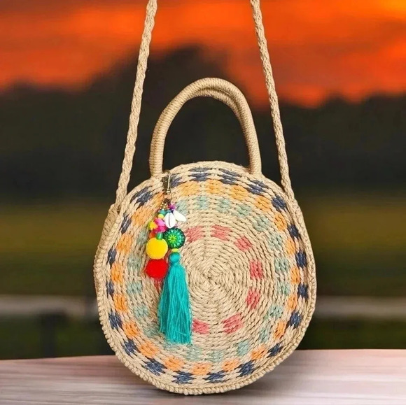 ποΈBoho Chic Colorful Round Handwoven Straw Crossbody Bag With Tassel Charm - Picture 1 of 16